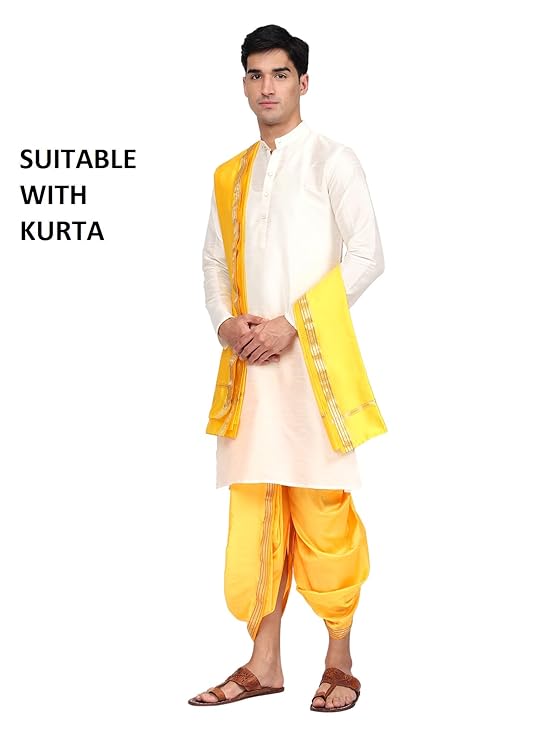 Mens Silk Dhoti with Stole - Readymade - Dhoti-Gamcha Suitable with Kurta for Pooja , Festival