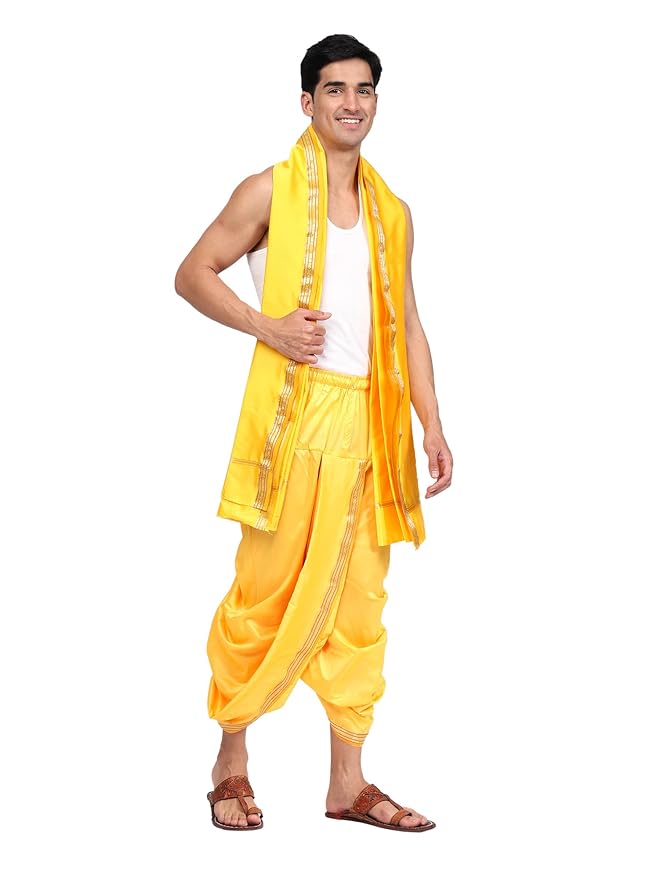 Mens Silk Dhoti with Stole - Readymade - Dhoti-Gamcha Suitable with Kurta for Pooja , Festival