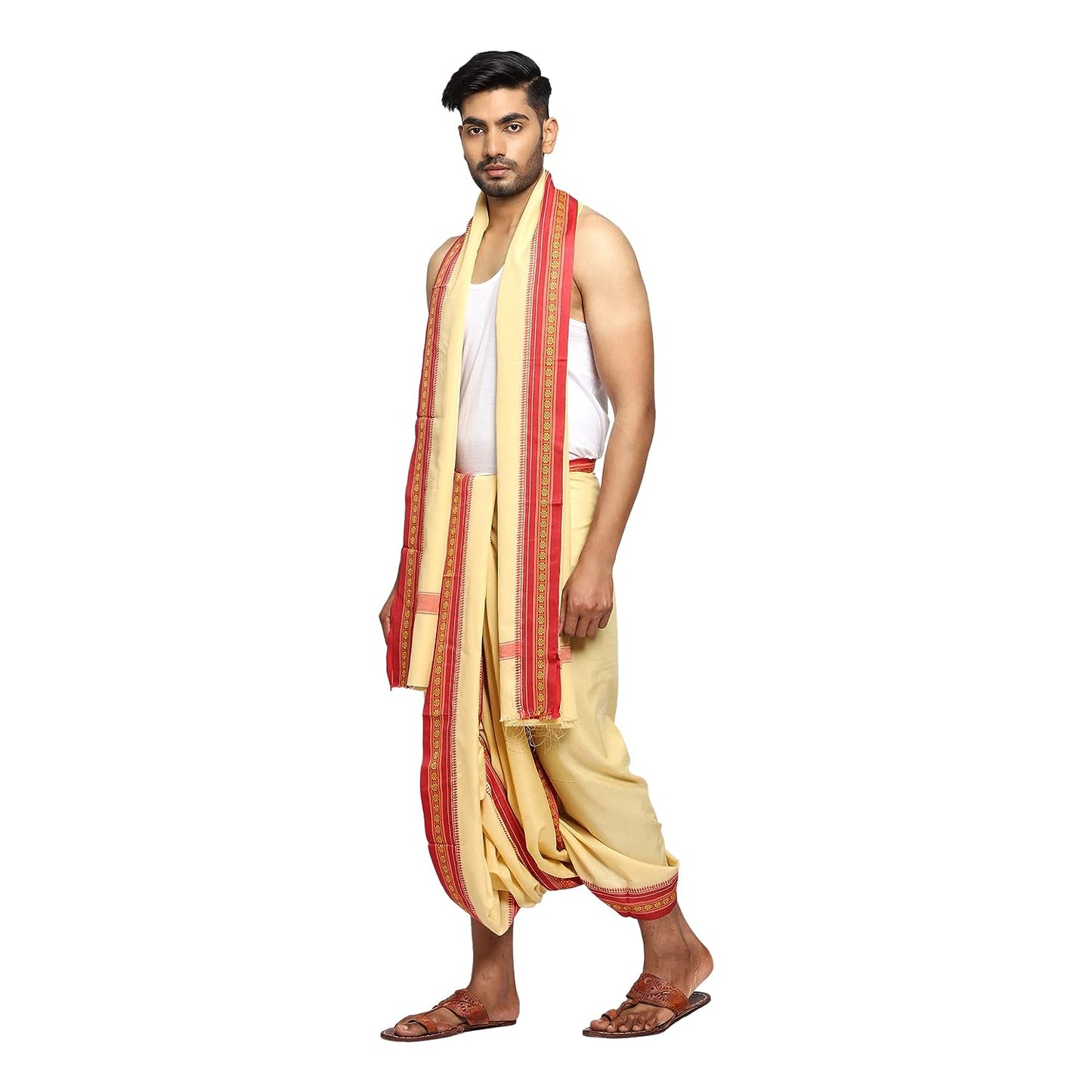 Cream-Beige Color Cotton Silk Dhoti for men, Soft & Comfortable Fabrics, Pooja Dhoti Set with Angwastram 9-5