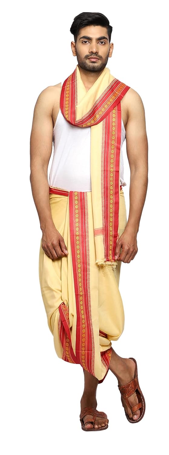 Cream-Beige Color Cotton Silk Dhoti for men, Soft & Comfortable Fabrics, Pooja Dhoti Set with Angwastram 9-5