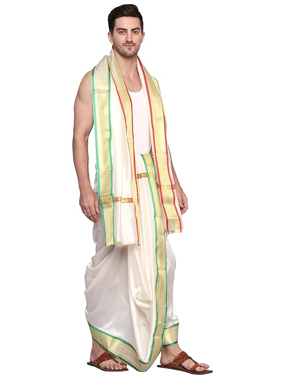 Mens Silk Dhoti with Angwastram Set - Unstitched , Vesthi-Mundu-Dhotar-Kerala-South-Dhoti-Gamcha Set