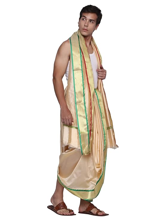 Mens Silk Dhoti with Angwastram Set - Unstitched , Vesthi-Mundu-Dhotar-Kerala-South-Dhoti-Gamcha Set