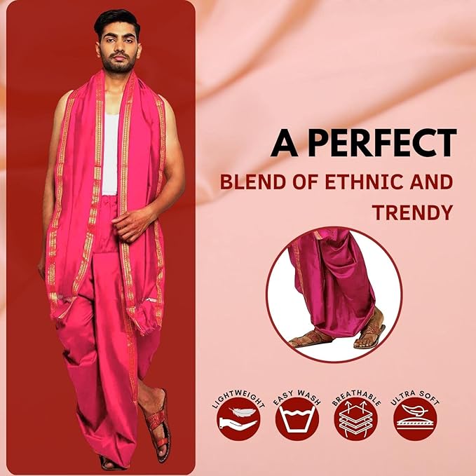 Mens Silk Dhoti with Stole - Readymade - Dhoti-Gamcha Suitable with Kurta for Pooja , Festival