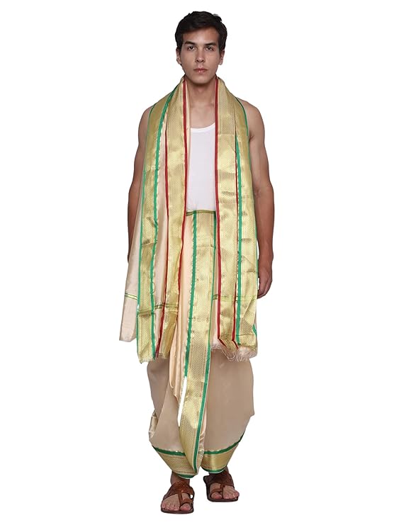 Mens Silk Dhoti with Angwastram Set - Unstitched , Vesthi-Mundu-Dhotar-Kerala-South-Dhoti-Gamcha Set