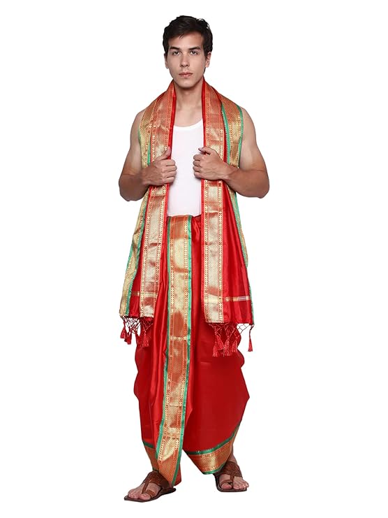 Mens Silk Dhoti with Angwastram Set - Unstitched , Vesthi-Mundu-Dhotar-Kerala-South-Dhoti-Gamcha Set