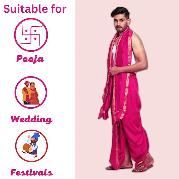 Mens Silk Dhoti with Stole - Readymade - Dhoti-Gamcha Suitable with Kurta for Pooja , Festival