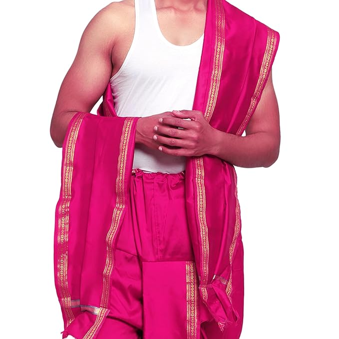 Mens Silk Dhoti with Stole - Readymade - Dhoti-Gamcha Suitable with Kurta for Pooja , Festival