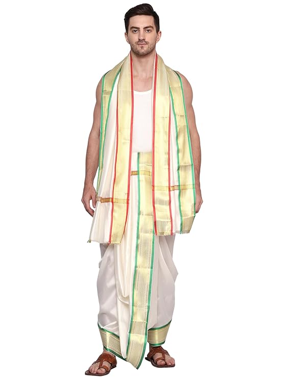 Mens Silk Dhoti with Angwastram Set - Unstitched , Vesthi-Mundu-Dhotar-Kerala-South-Dhoti-Gamcha Set