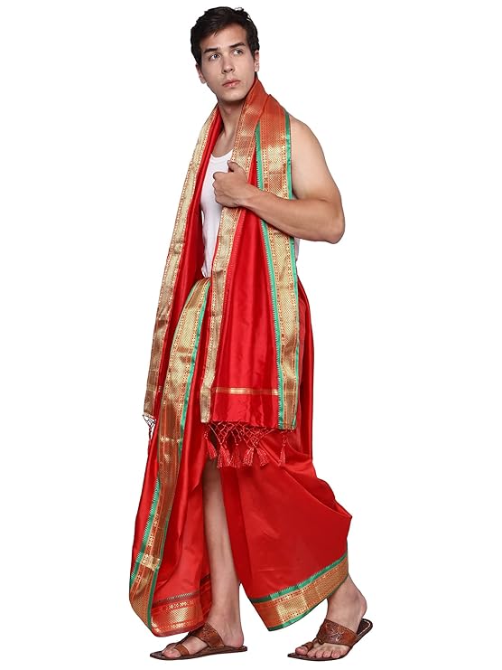 Mens Silk Dhoti with Angwastram Set - Unstitched , Vesthi-Mundu-Dhotar-Kerala-South-Dhoti-Gamcha Set