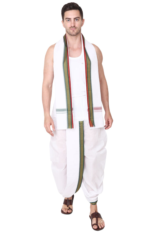 White Cotton Dhoti Pant for Men - Readymade - Ready to Wear - Pocket Dhothi - Dhotar, Mundu , Vesti Set