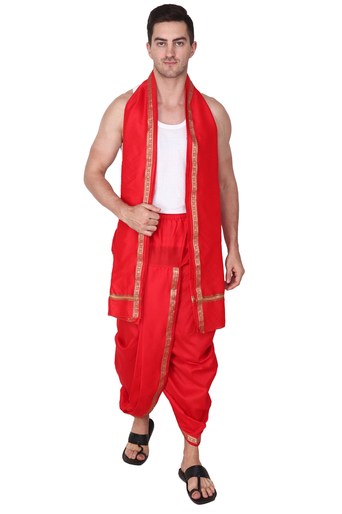 Mens Silk Dhoti with Stole - Readymade - Dhoti-Gamcha Suitable with Kurta for Pooja , Festival