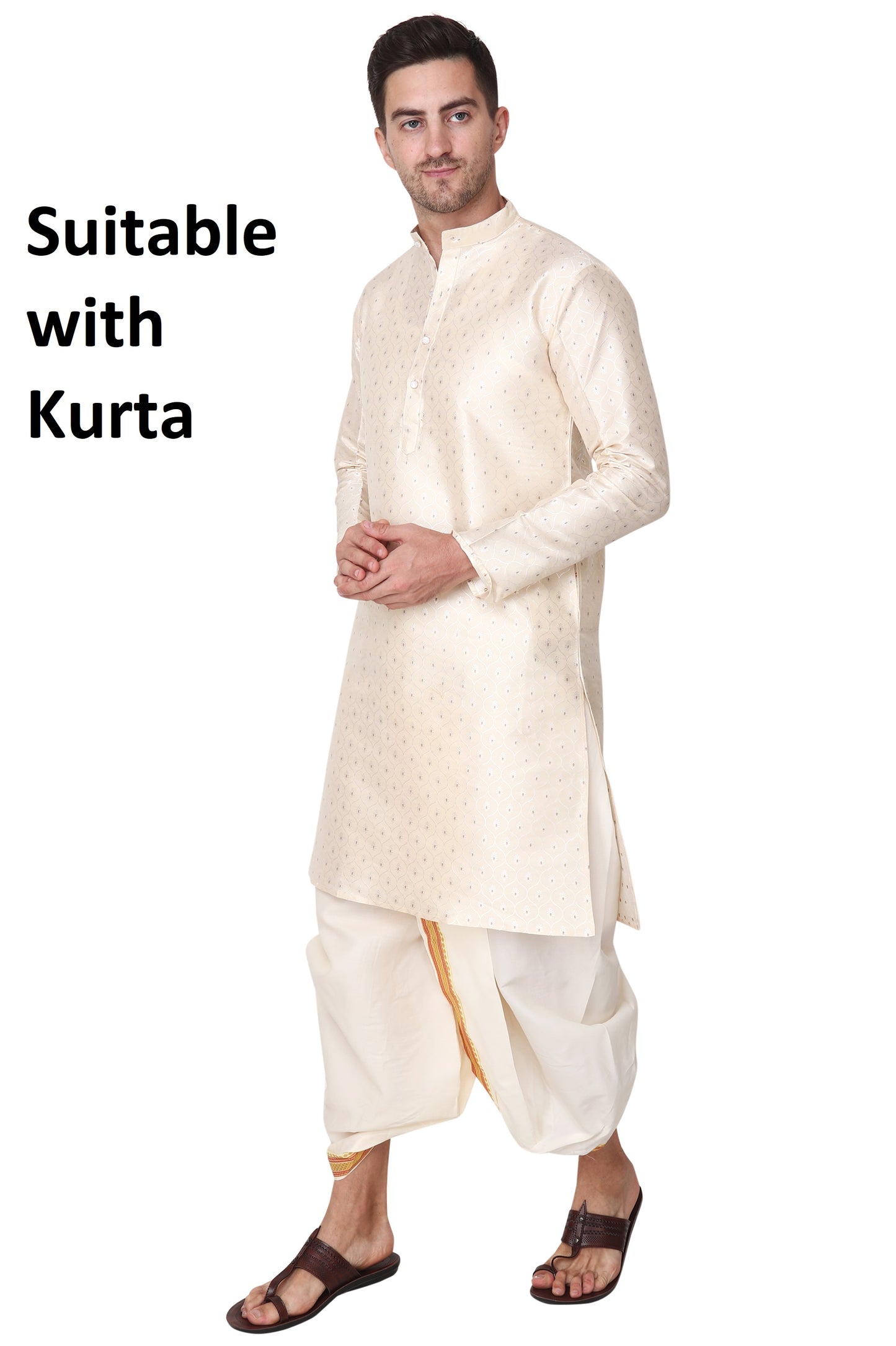 Men's Readymade Elastic Cotton Silk Dhoti for men, Free Size (Ready-to-wear-Dhoti)