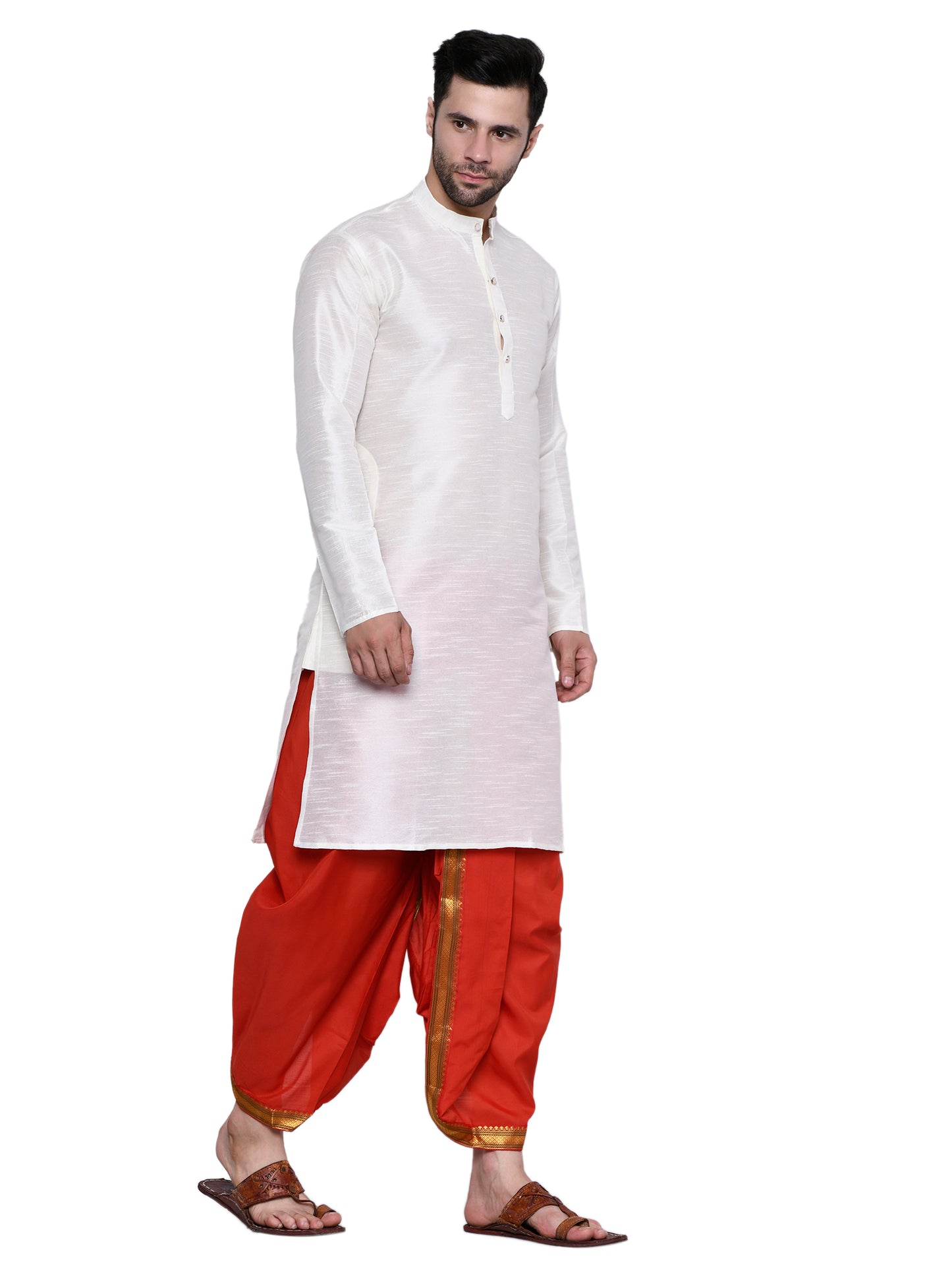 Cotton Silk Kurta for men with Dhoti Style Pyjama Set - Cream Kurta with Color Dhotis