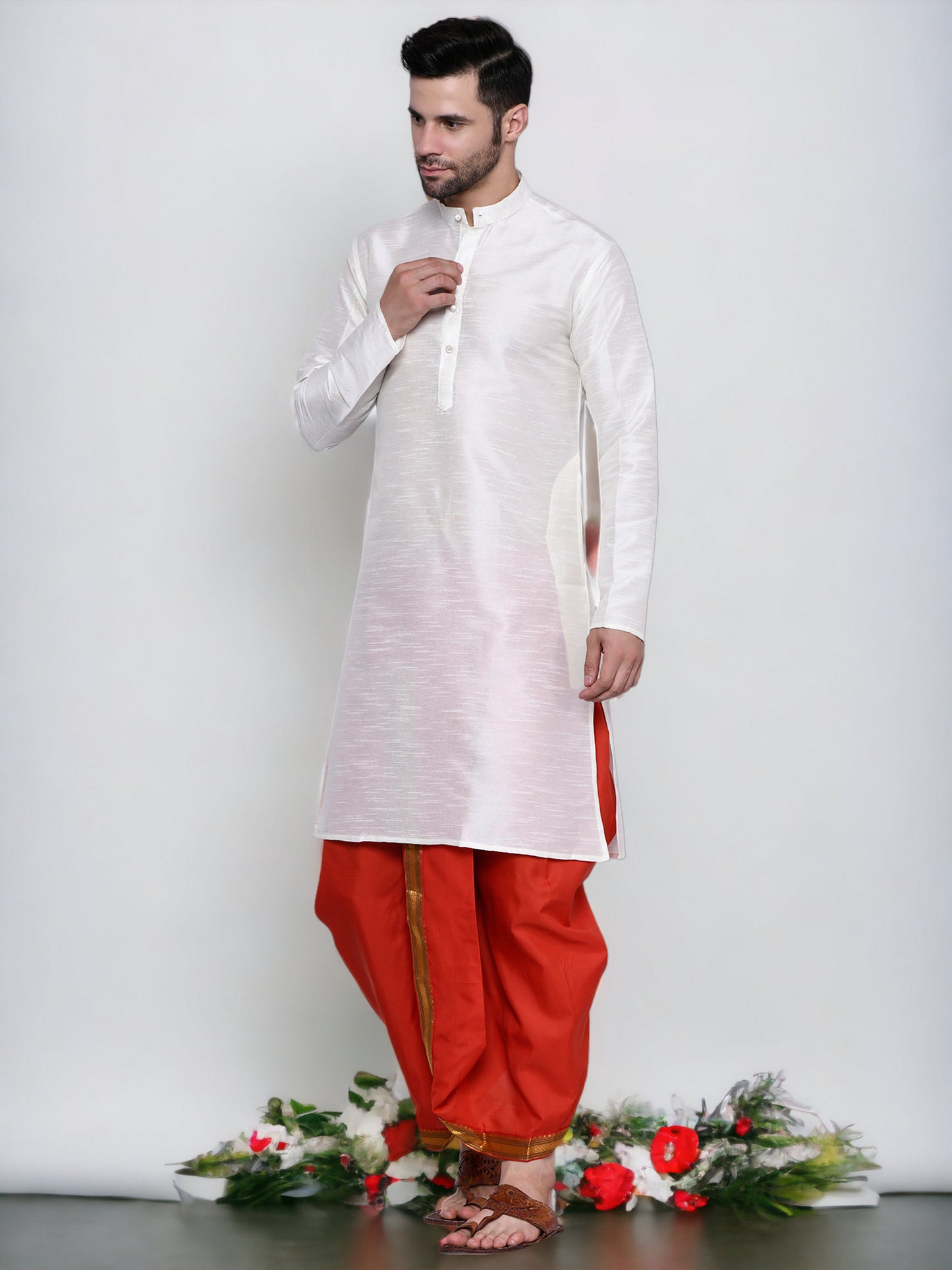 Cotton Silk Kurta for men with Dhoti Style Pyjama Set - Cream Kurta with Color Dhotis