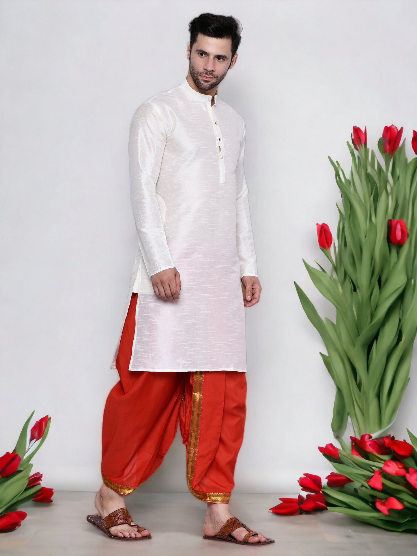 Cotton Silk Kurta for men with Dhoti Style Pyjama Set - Cream Kurta with Color Dhotis