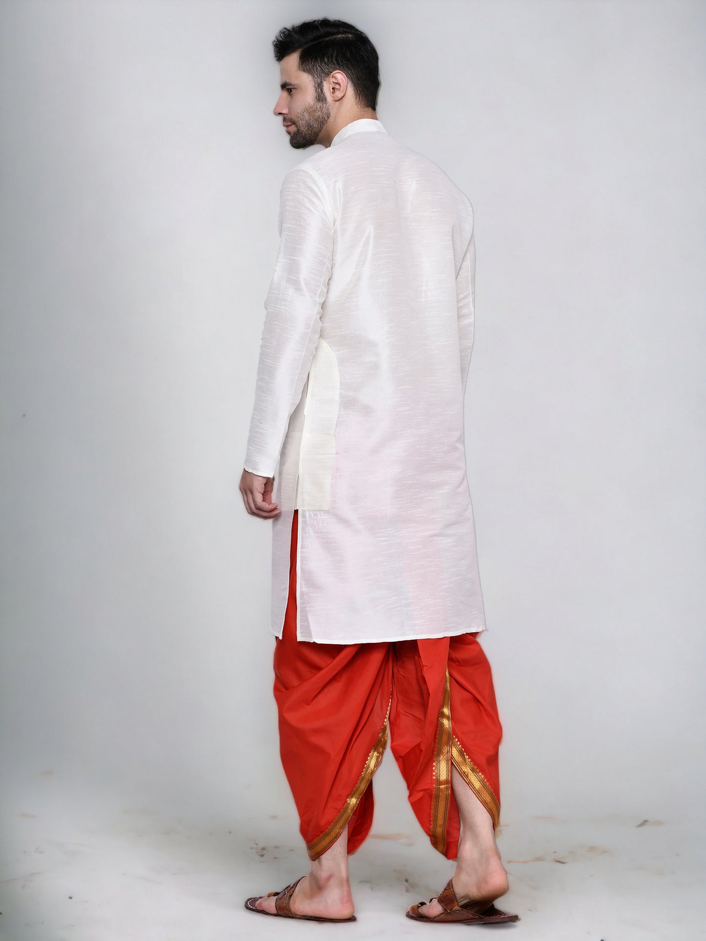 Cotton Silk Kurta for men with Dhoti Style Pyjama Set - Cream Kurta with Color Dhotis