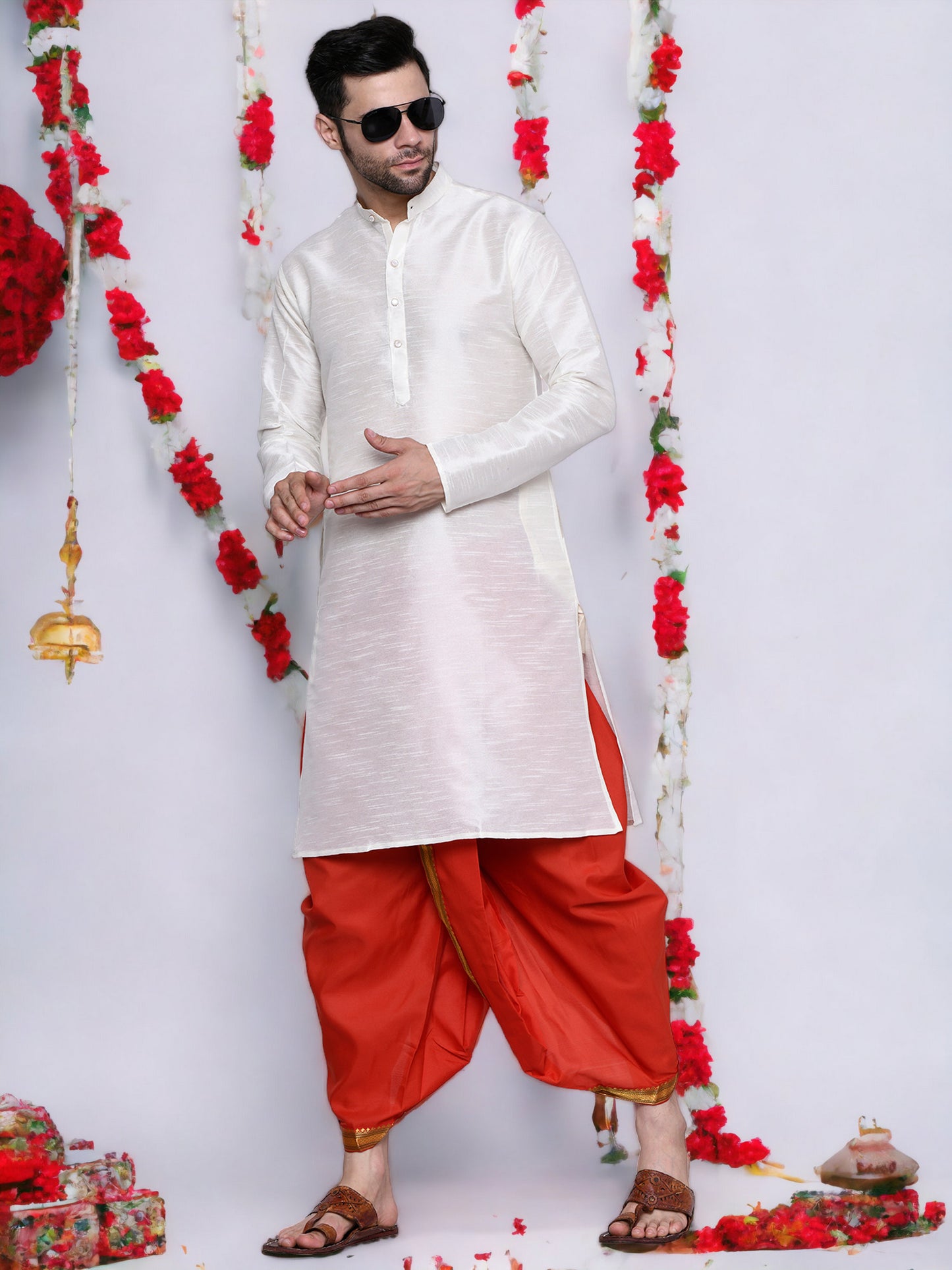 Cotton Silk Kurta for men with Dhoti Style Pyjama Set - Cream Kurta with Color Dhotis