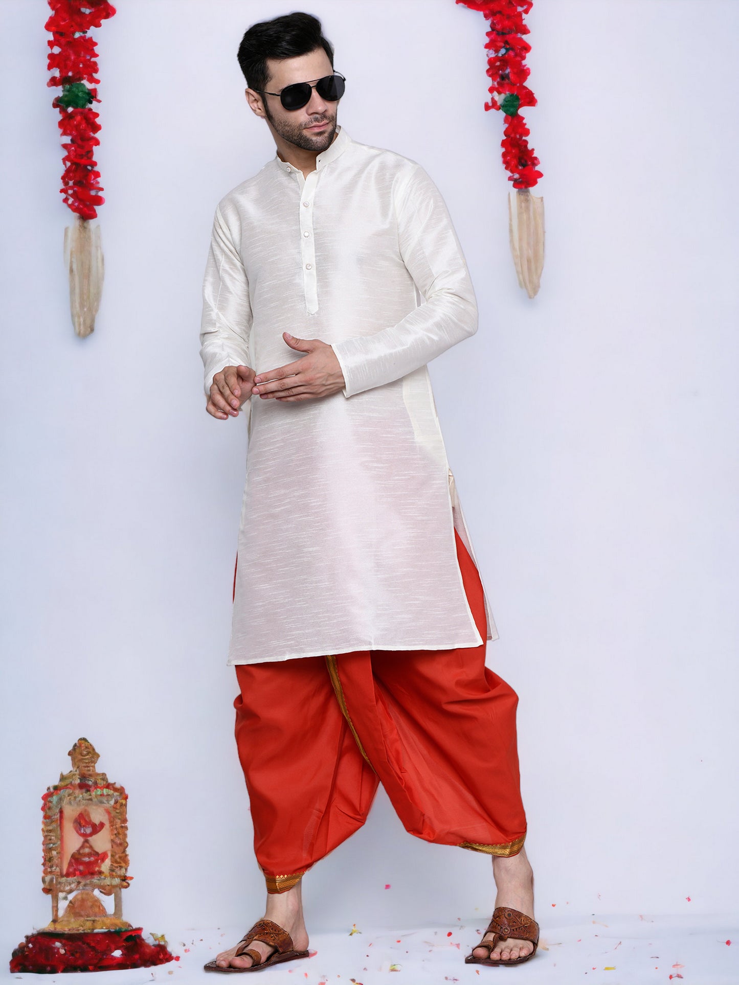 Cotton Silk Kurta for men with Dhoti Style Pyjama Set - Cream Kurta with Color Dhotis