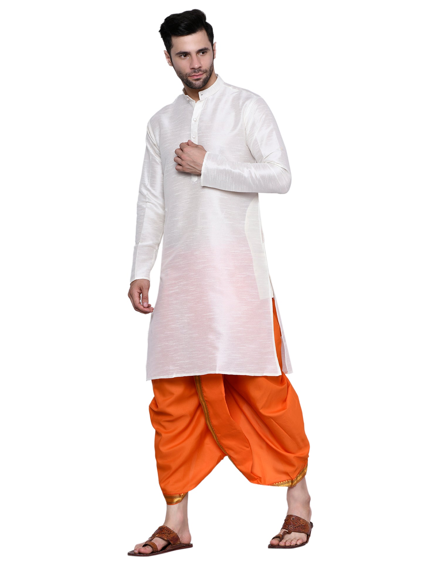 Cotton Silk Kurta for men with Dhoti Style Pyjama Set - Cream Kurta with Color Dhotis