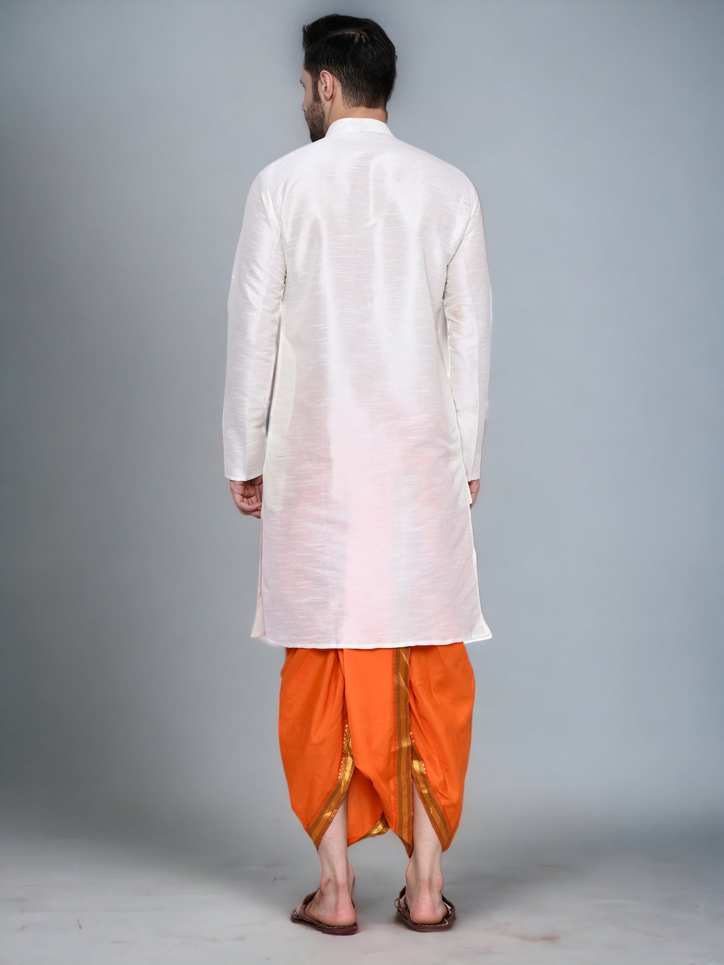 Cotton Silk Kurta for men with Dhoti Style Pyjama Set - Cream Kurta with Color Dhotis