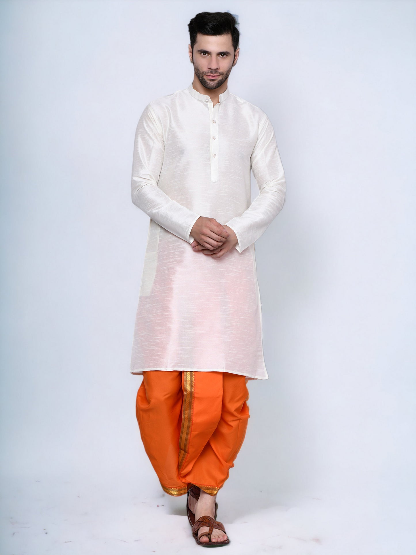 Cotton Silk Kurta for men with Dhoti Style Pyjama Set - Cream Kurta with Color Dhotis