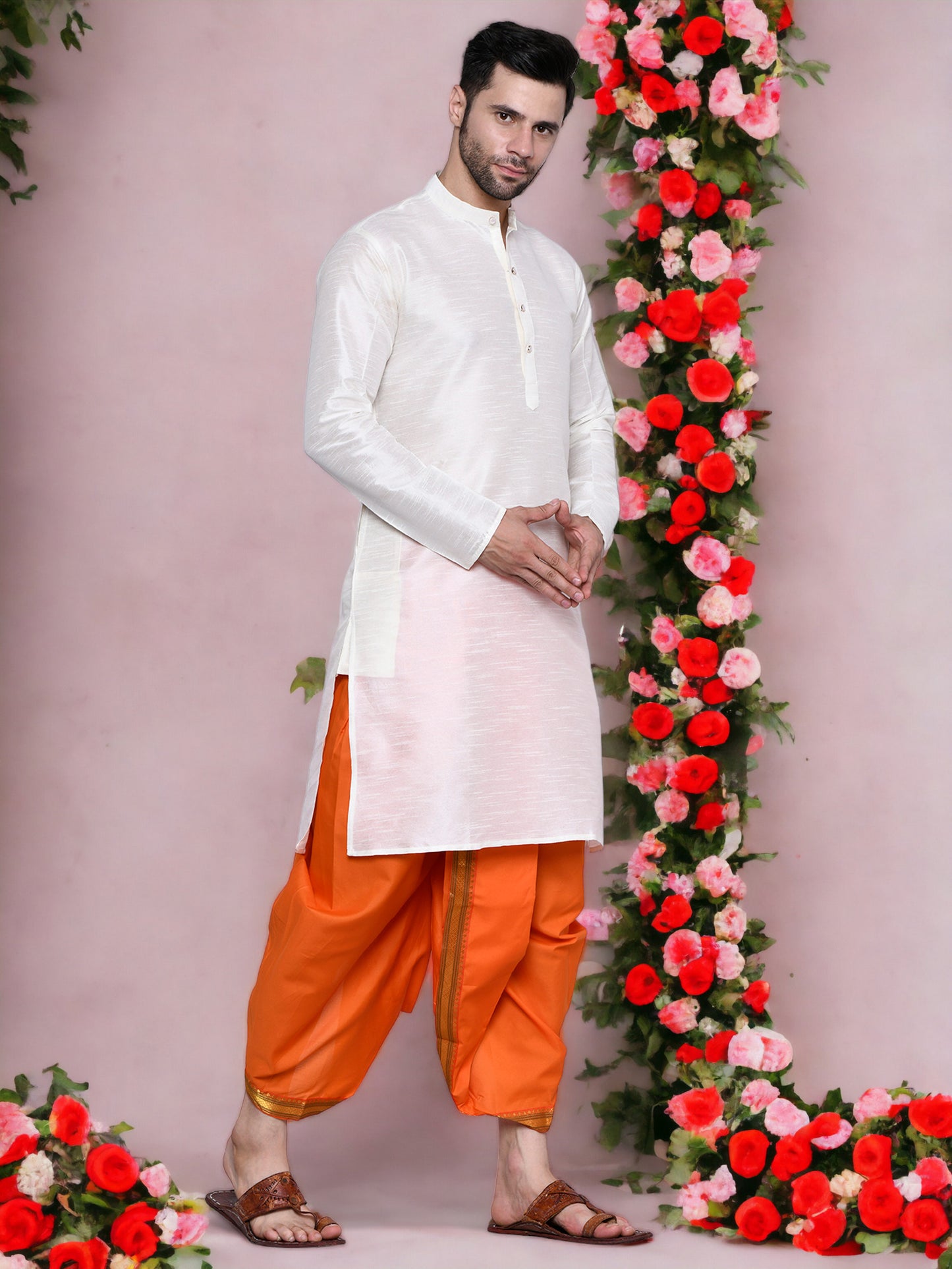 Cotton Silk Kurta for men with Dhoti Style Pyjama Set - Cream Kurta with Color Dhotis