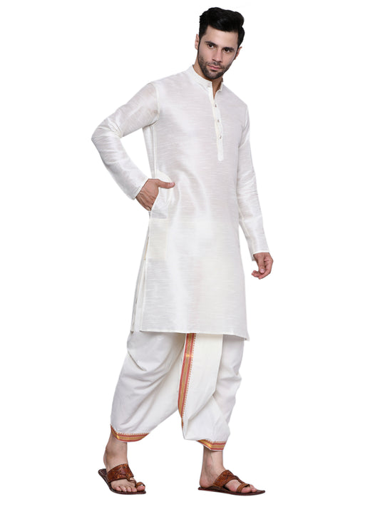 Cotton Silk Kurta for men with Dhoti Style Pyjama Set - Cream Kurta with Color Dhotis