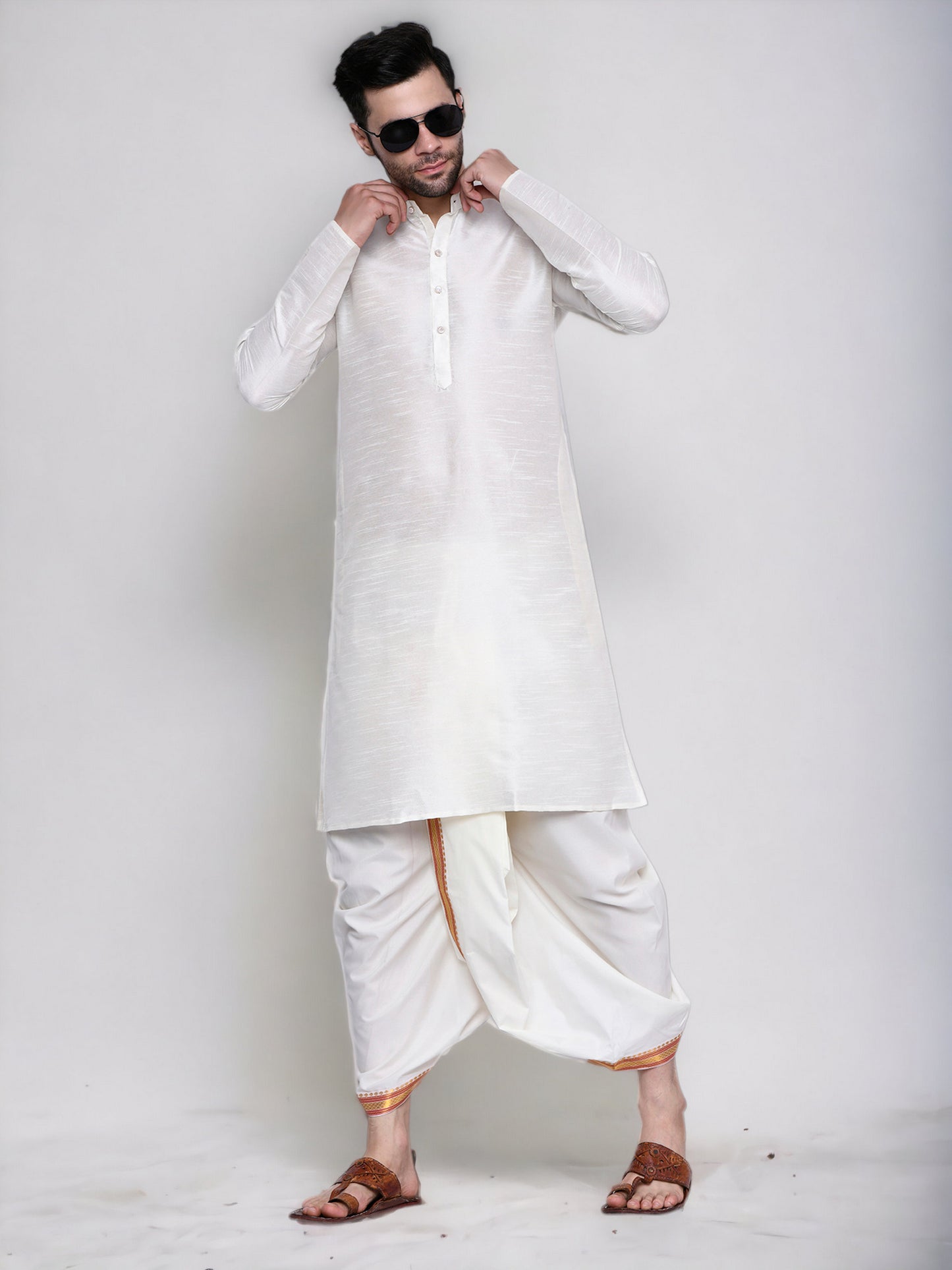 Cotton Silk Kurta for men with Dhoti Style Pyjama Set - Cream Kurta with Color Dhotis