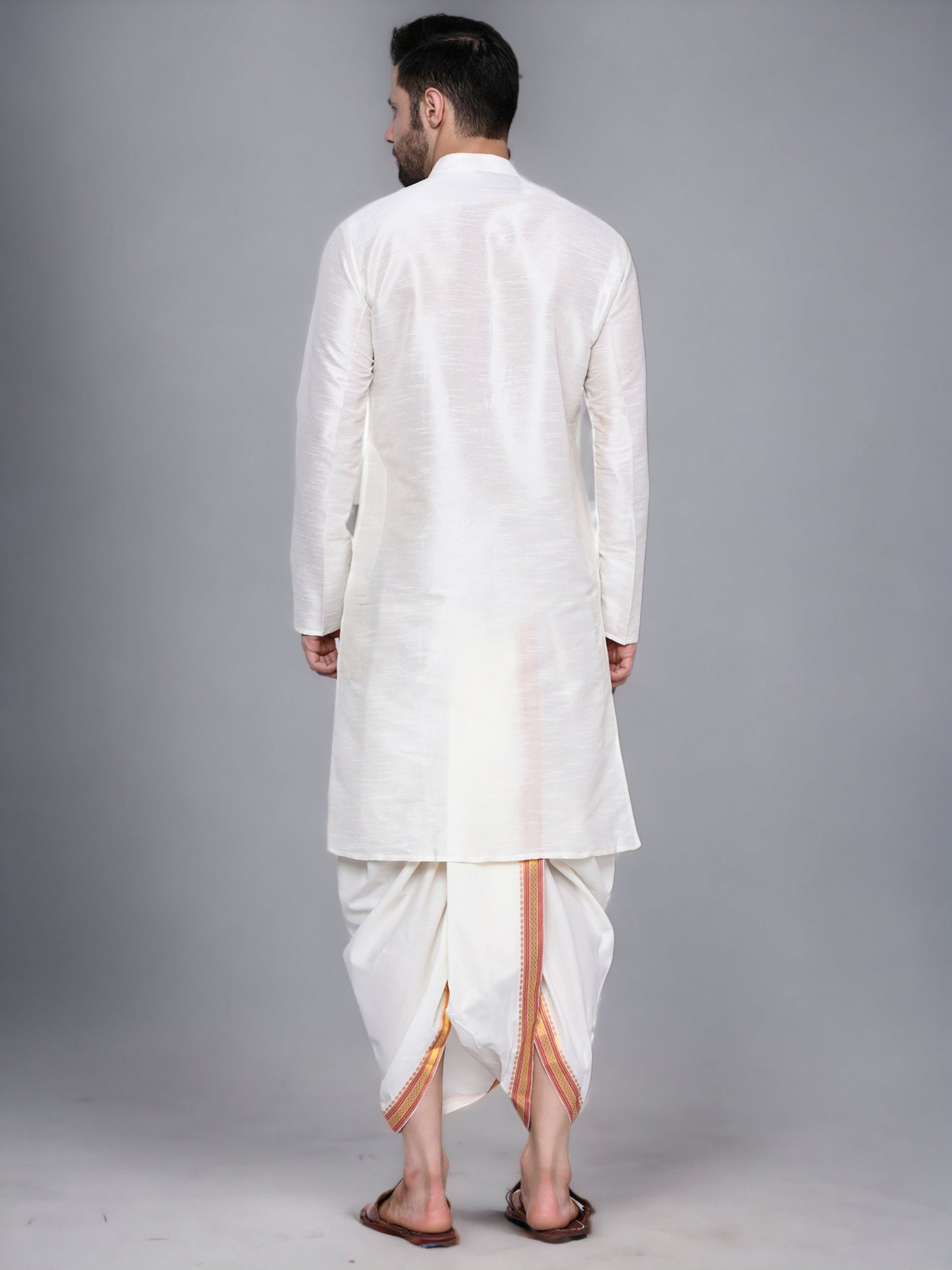 Cotton Silk Kurta for men with Dhoti Style Pyjama Set - Cream Kurta with Color Dhotis