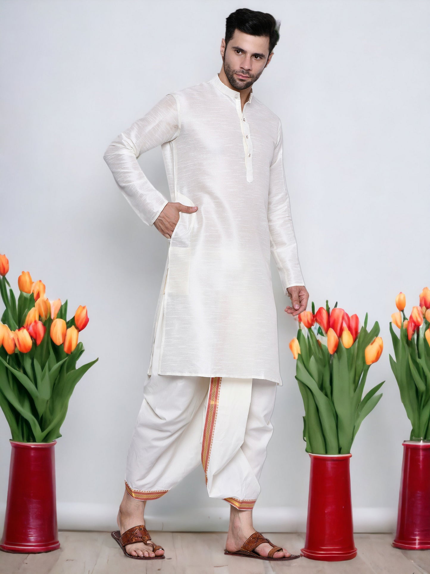 Cotton Silk Kurta for men with Dhoti Style Pyjama Set - Cream Kurta with Color Dhotis