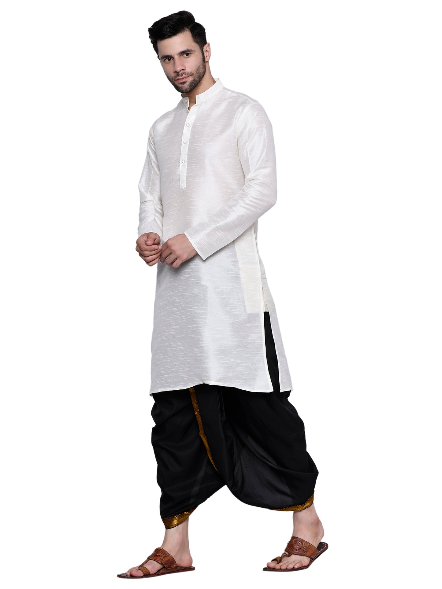 Cotton Silk Kurta for men with Dhoti Style Pyjama Set - Cream Kurta with Color Dhotis