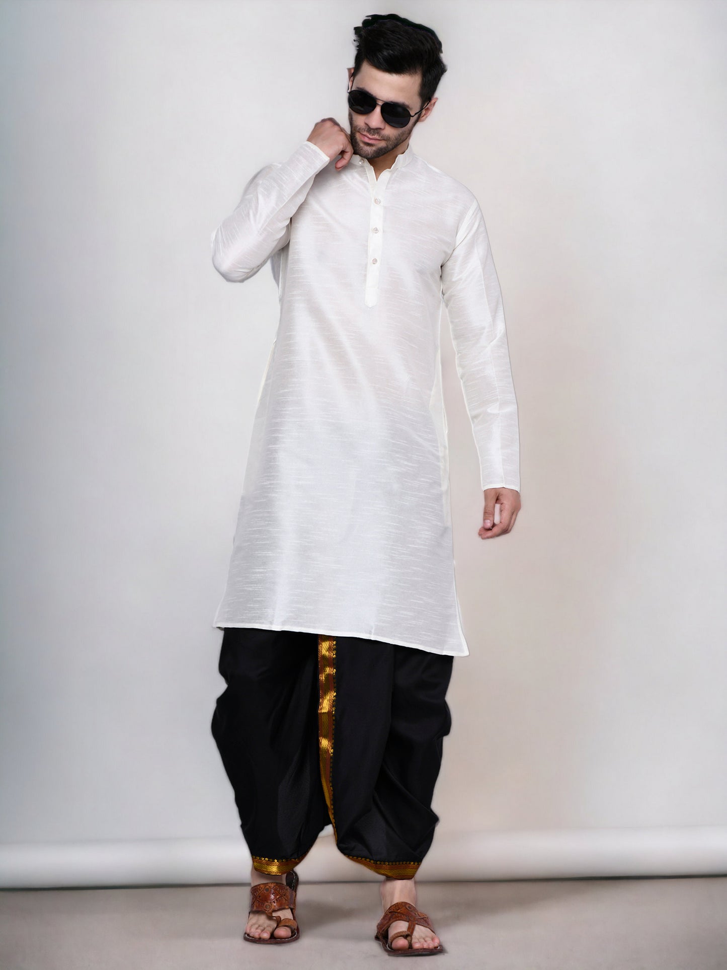 Cotton Silk Kurta for men with Dhoti Style Pyjama Set - Cream Kurta with Color Dhotis