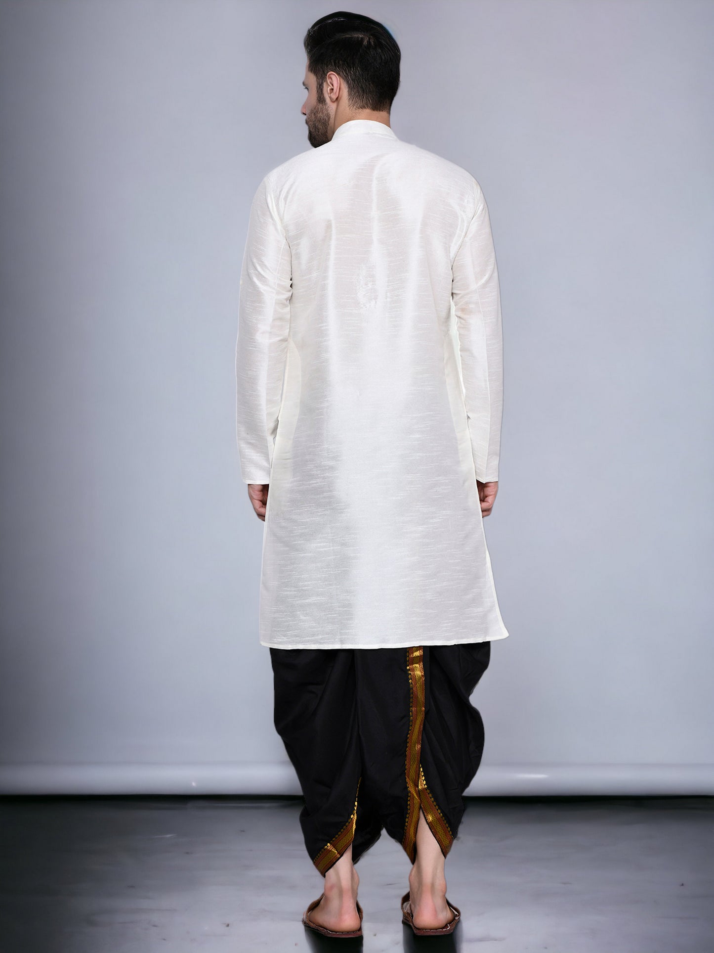 Cotton Silk Kurta for men with Dhoti Style Pyjama Set - Cream Kurta with Color Dhotis