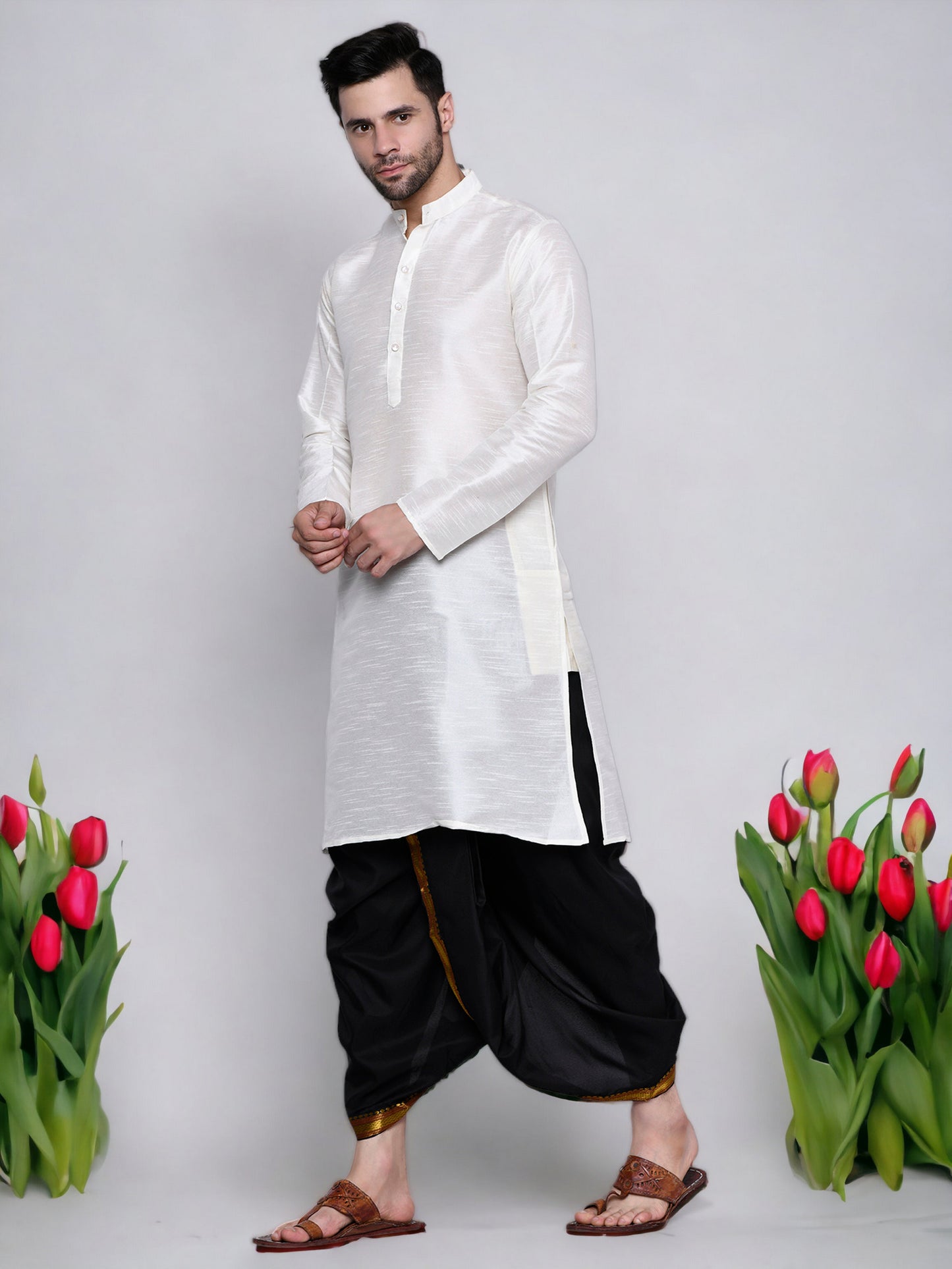 Cotton Silk Kurta for men with Dhoti Style Pyjama Set - Cream Kurta with Color Dhotis