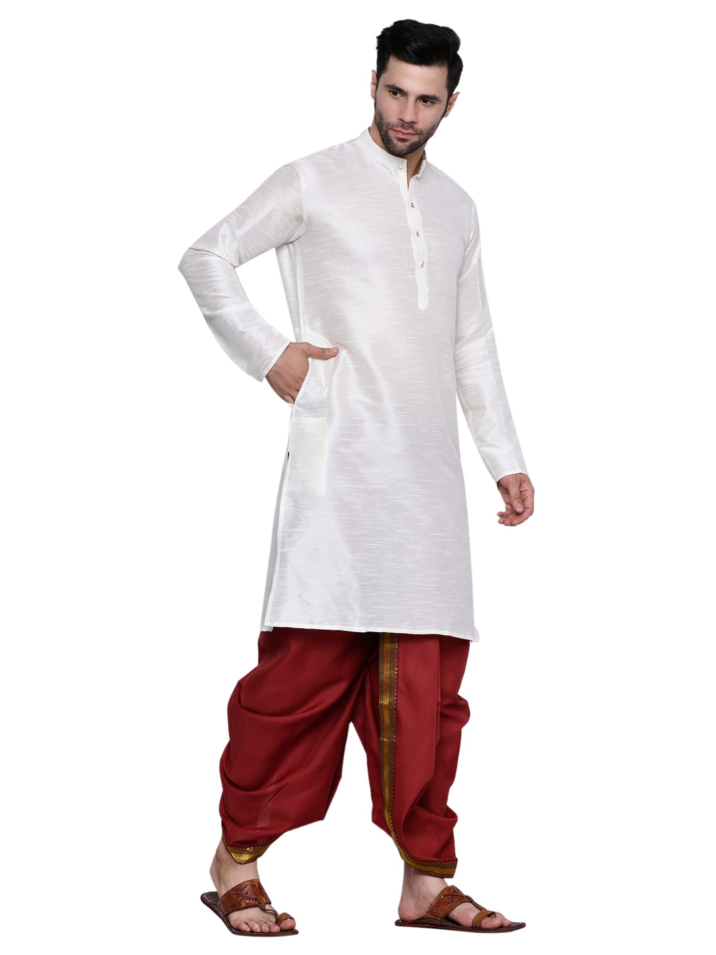 Cotton Silk Kurta for men with Dhoti Style Pyjama Set - Cream Kurta with Color Dhotis