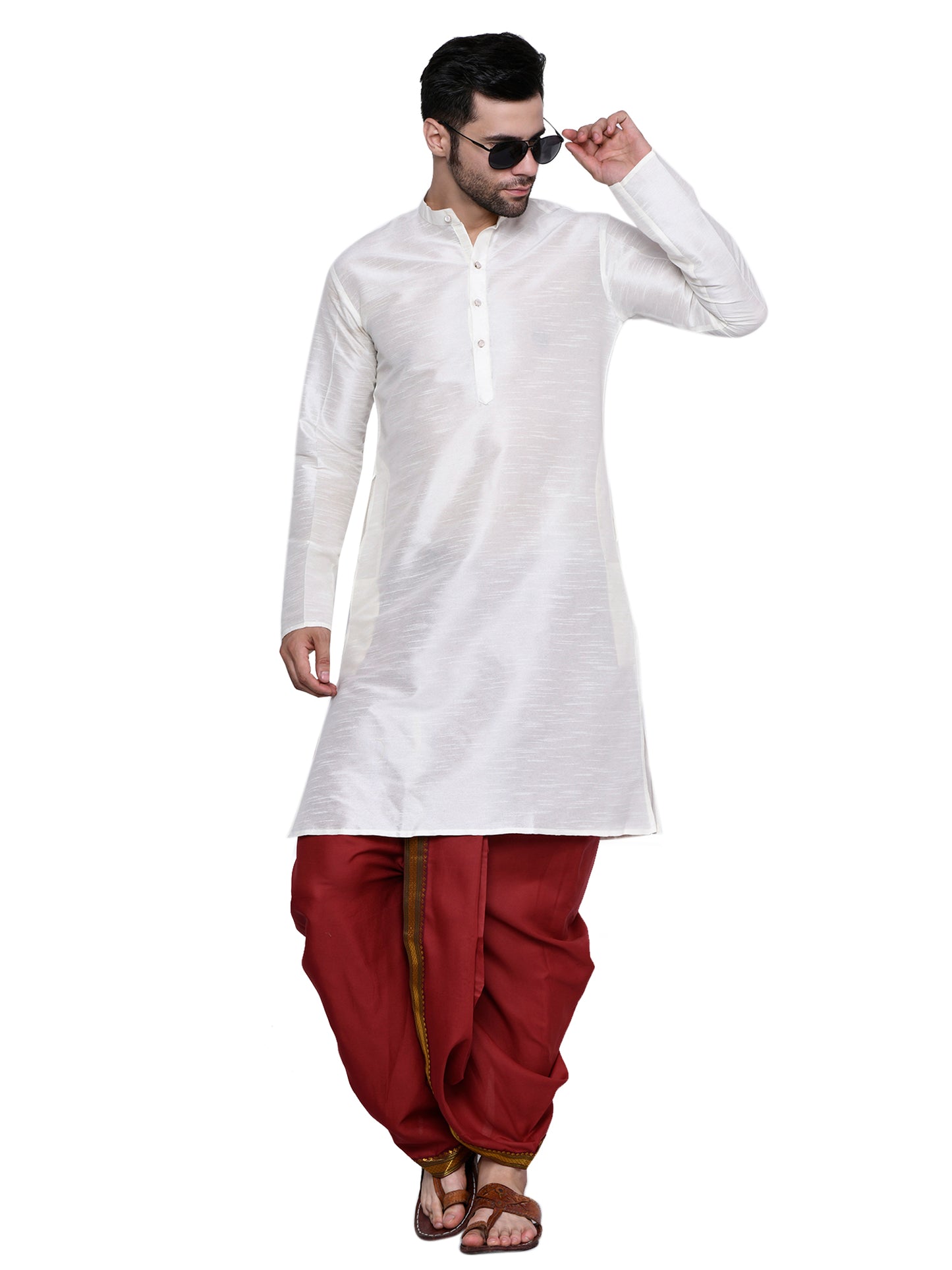 Cotton Silk Kurta for men with Dhoti Style Pyjama Set - Cream Kurta with Color Dhotis