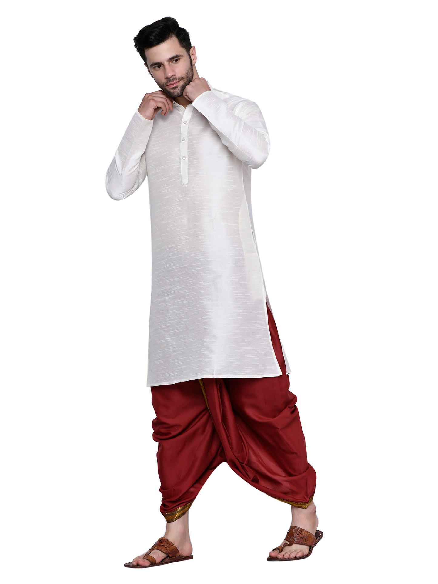 Cotton Silk Kurta for men with Dhoti Style Pyjama Set - Cream Kurta with Color Dhotis