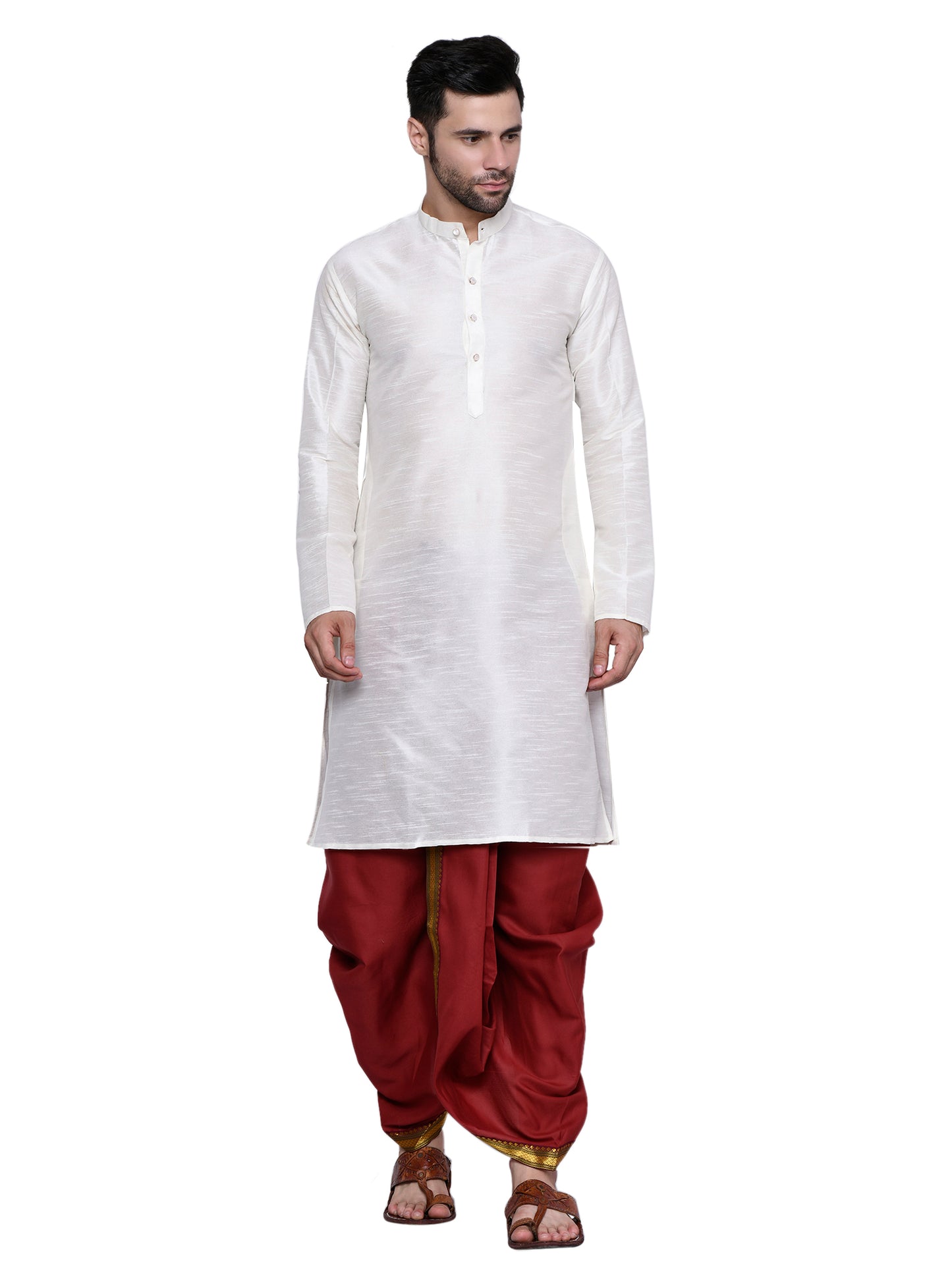 Cotton Silk Kurta for men with Dhoti Style Pyjama Set - Cream Kurta with Color Dhotis