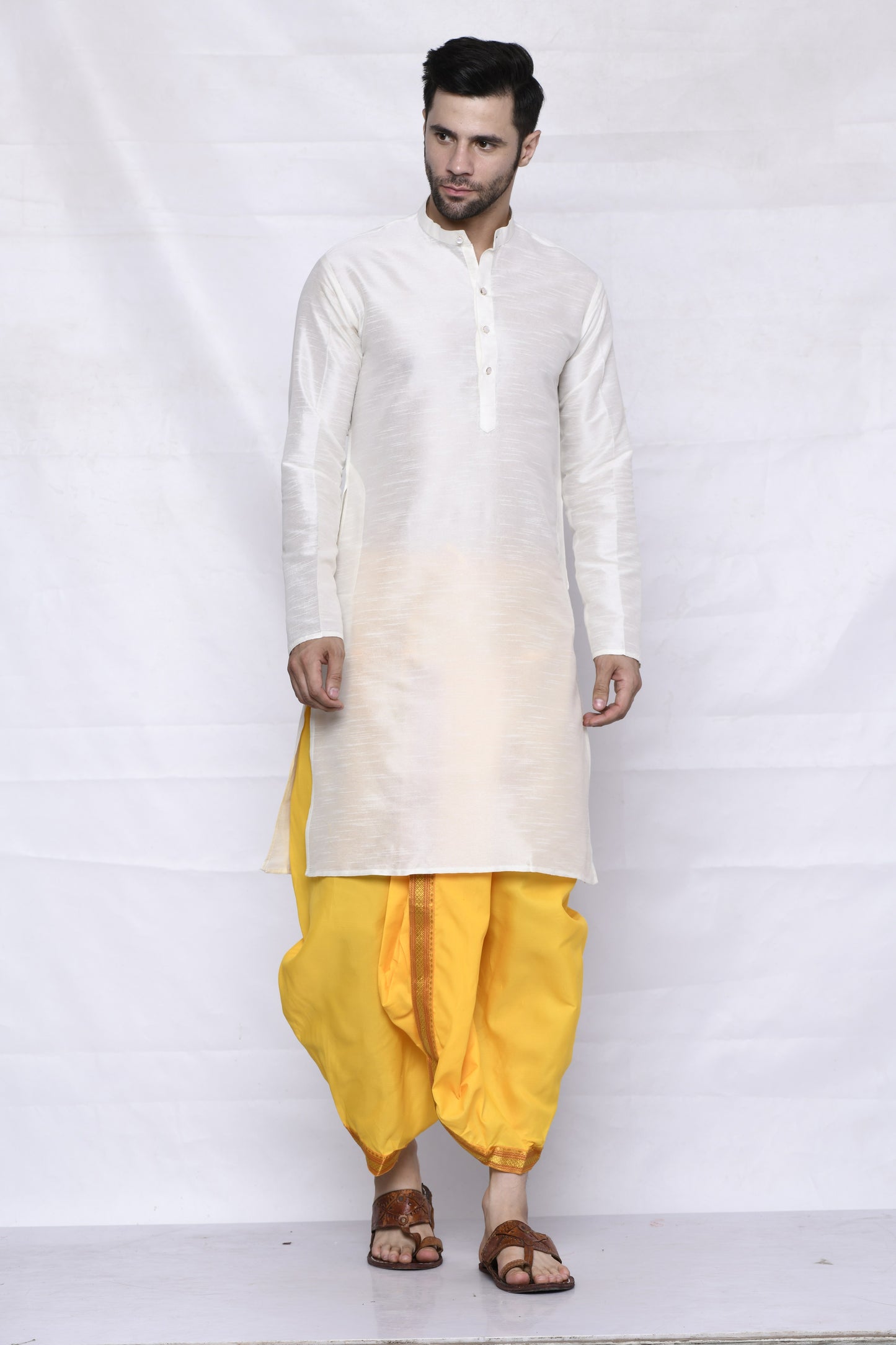 Cotton Silk Kurta for men with Dhoti Style Pyjama Set - Cream Kurta with Color Dhotis