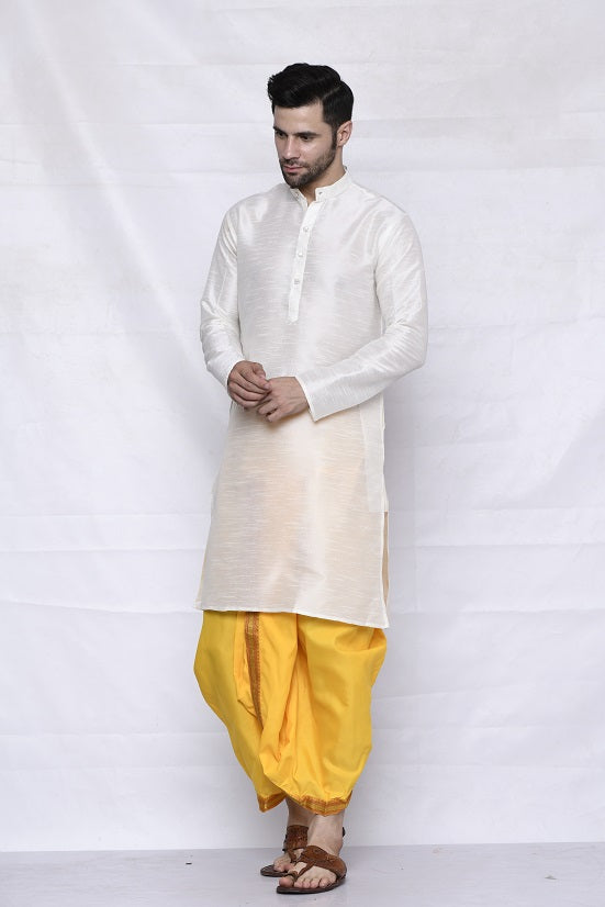 Cotton Silk Kurta for men with Dhoti Style Pyjama Set - Cream Kurta with Color Dhotis