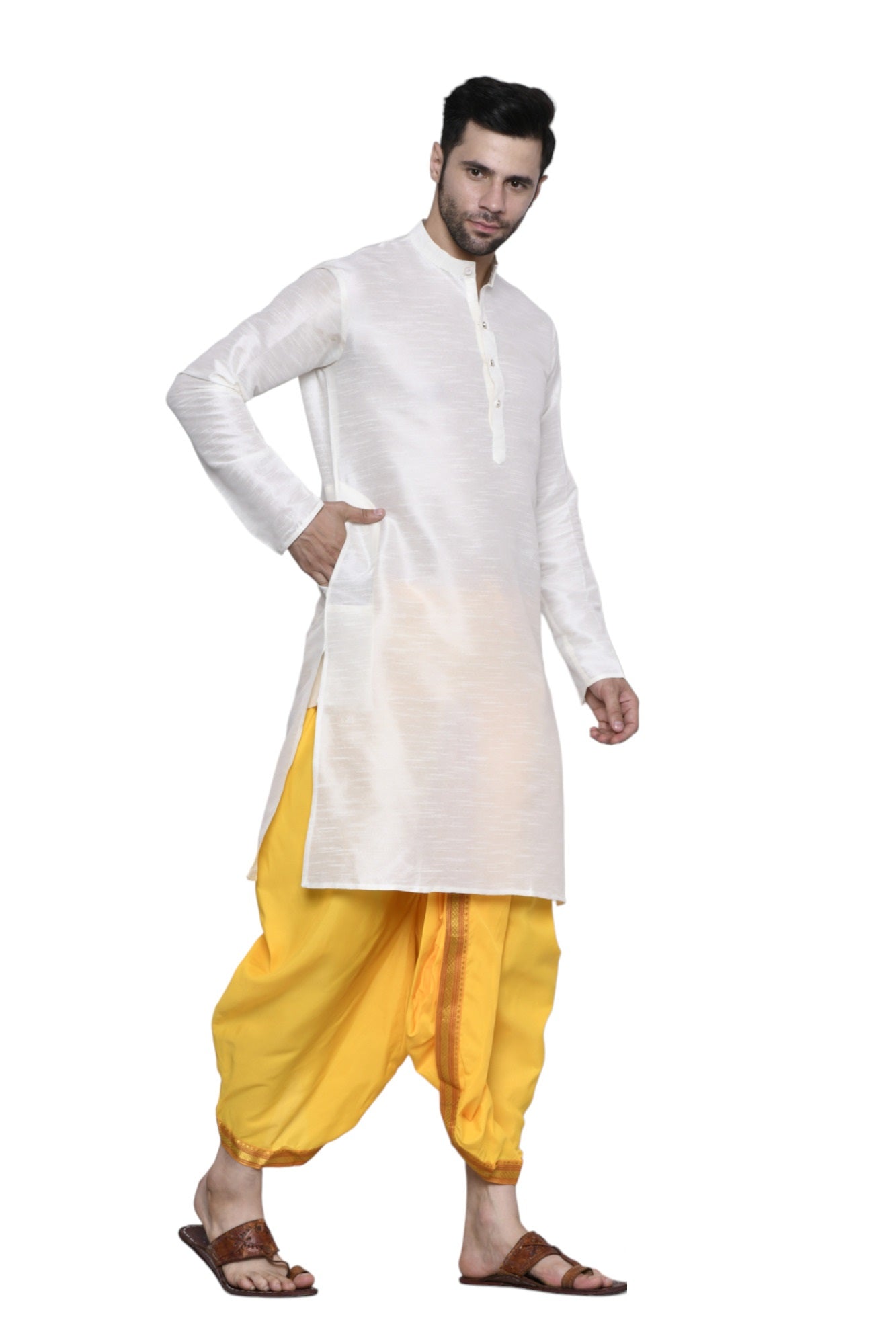 Cotton Silk Kurta for men with Dhoti Style Pyjama Set - Cream Kurta with Color Dhotis