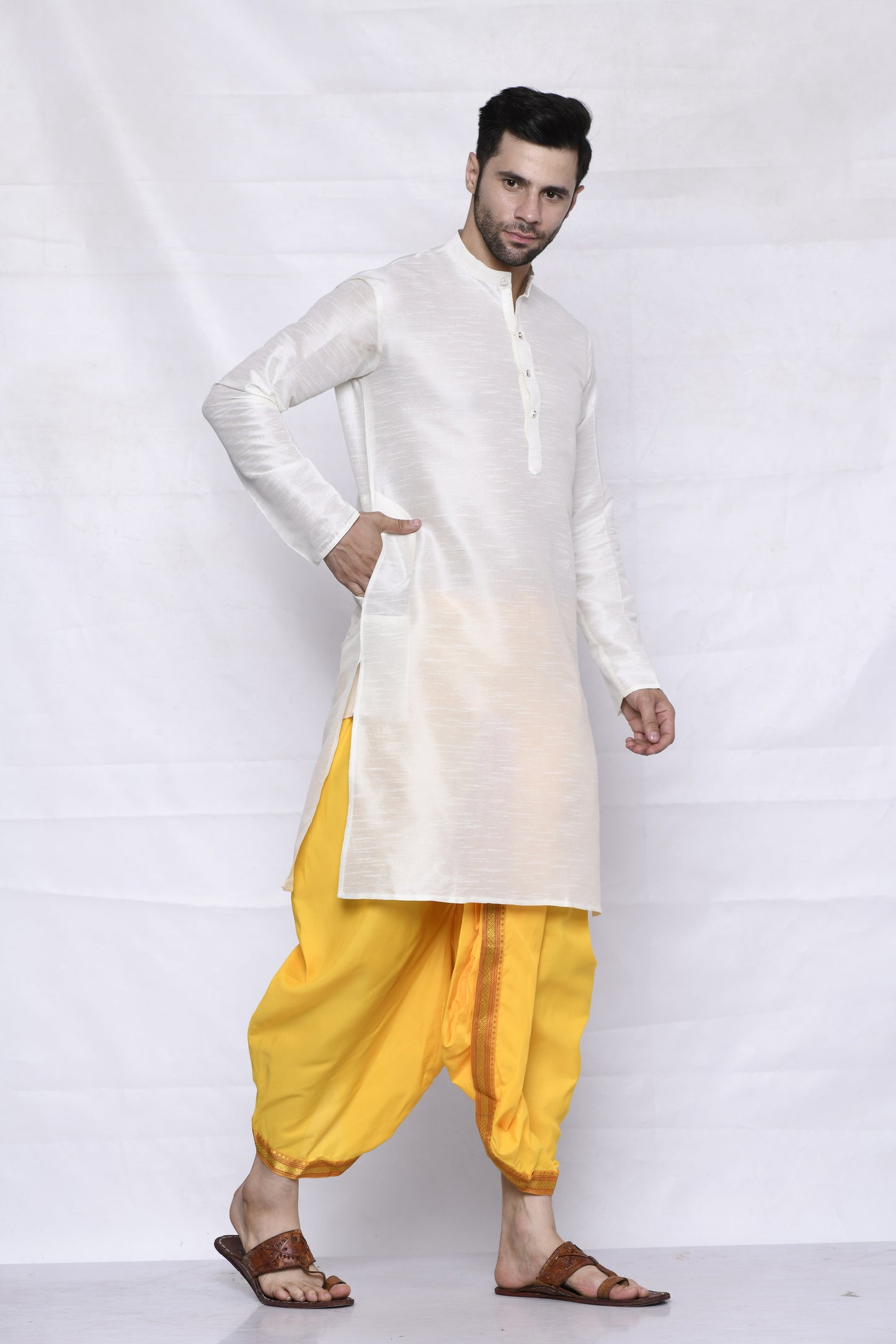 Cotton Silk Kurta for men with Dhoti Style Pyjama Set - Cream Kurta with Color Dhotis