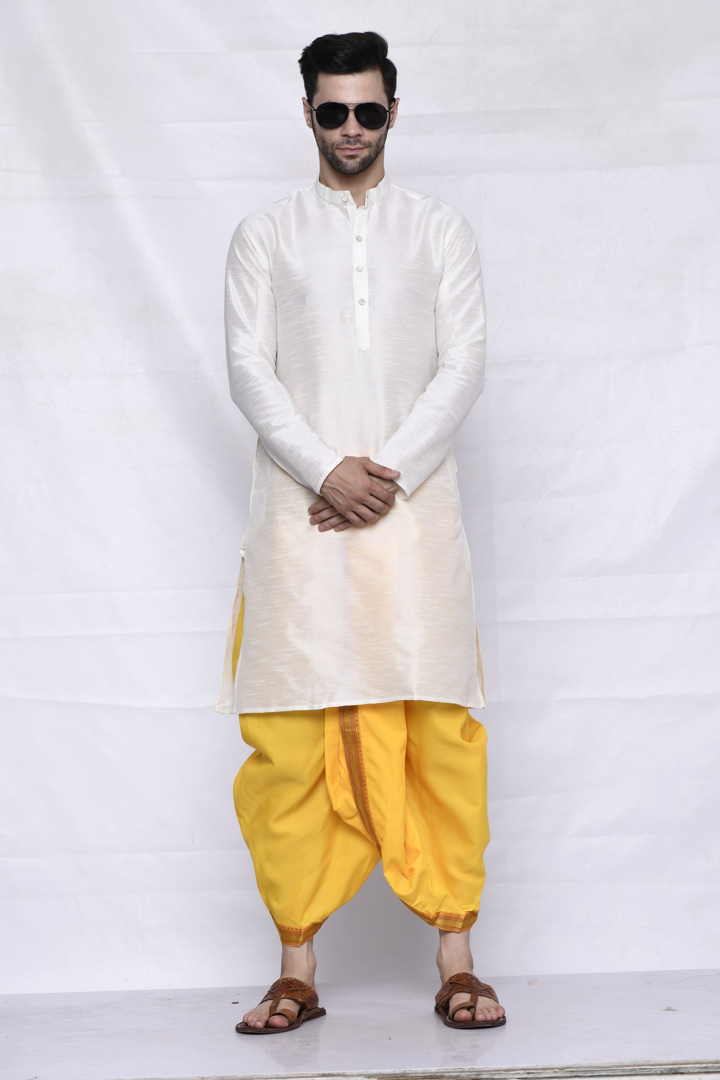 Cotton Silk Kurta for men with Dhoti Style Pyjama Set - Cream Kurta with Color Dhotis