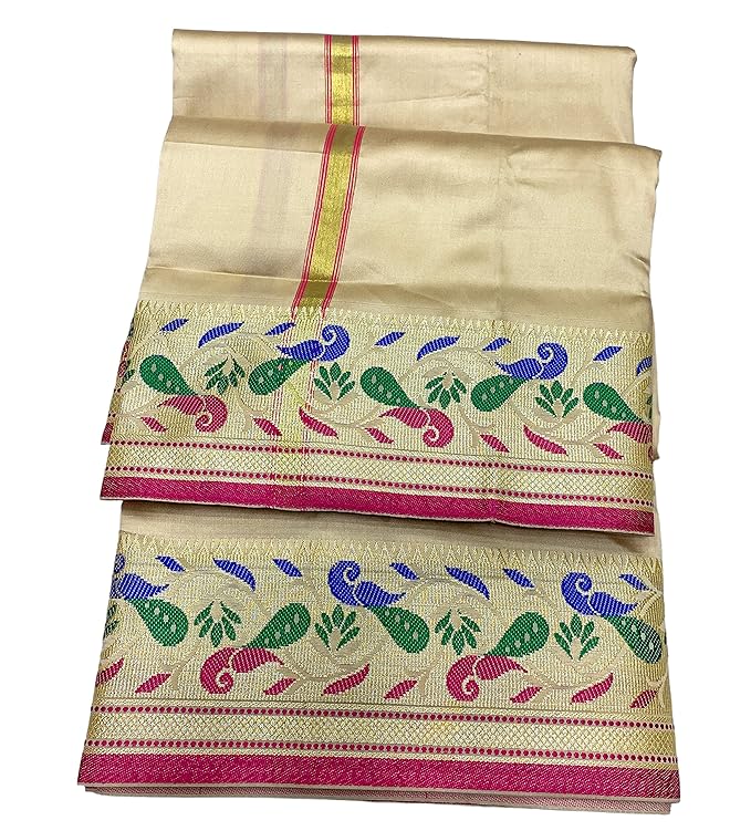 Men's Paithani Silk Dhoti Stole Set 4.25 Mtr Dhoti with 2.25 Mtr Stole Set