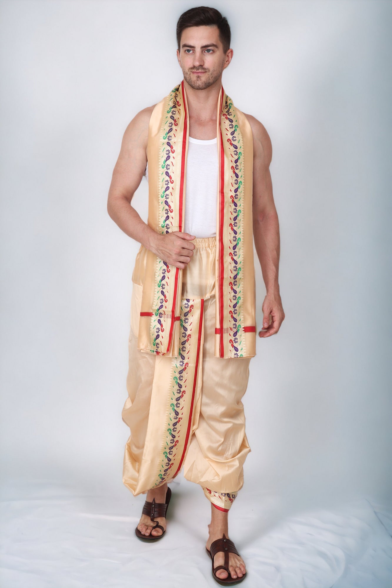 Readymade Dhoti for Men, Velcro Style Stitched Mens Silk Dhoti Pant Set, Free Size