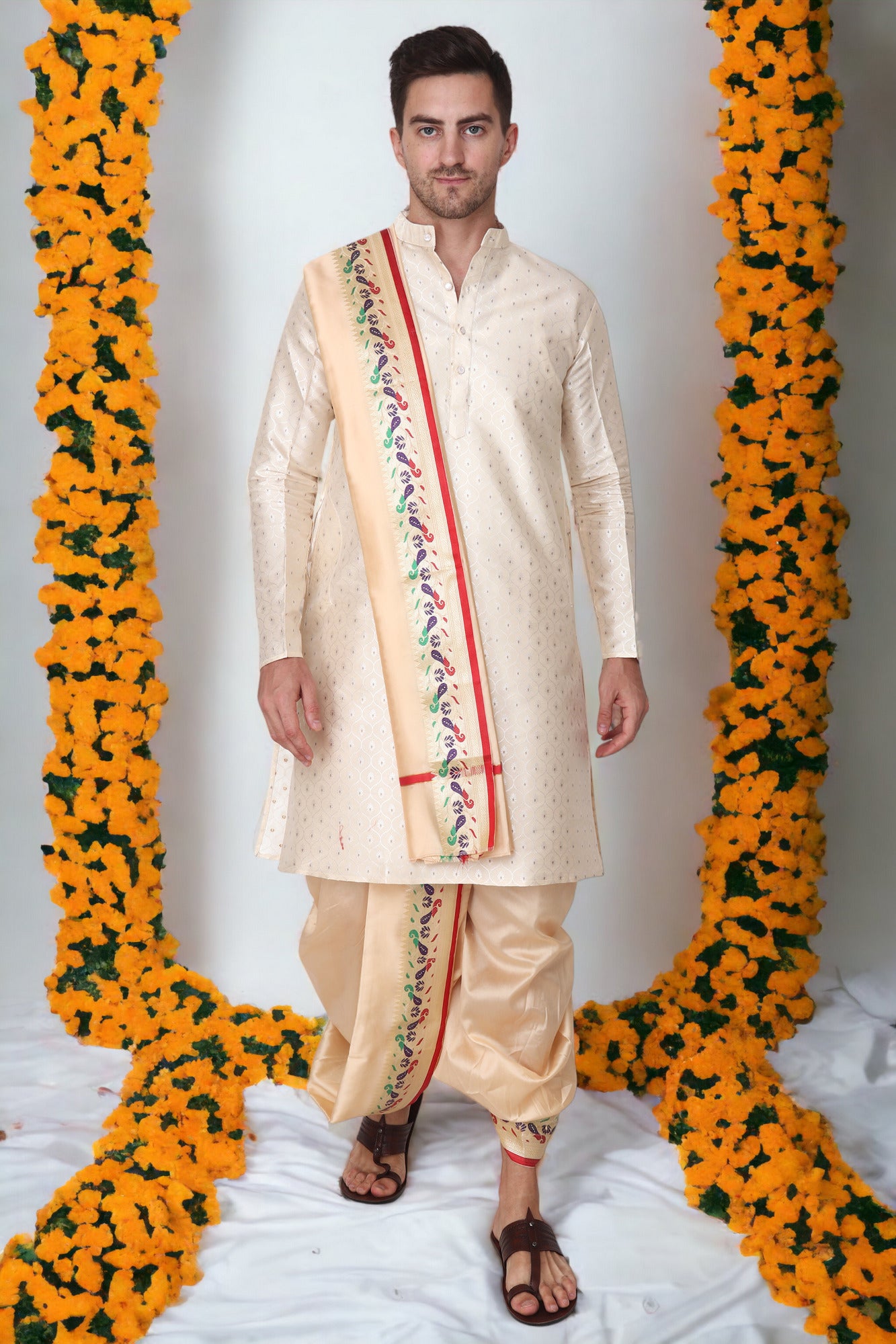 Readymade Dhoti for Men, Velcro Style Stitched Mens Silk Dhoti Pant Set, Free Size