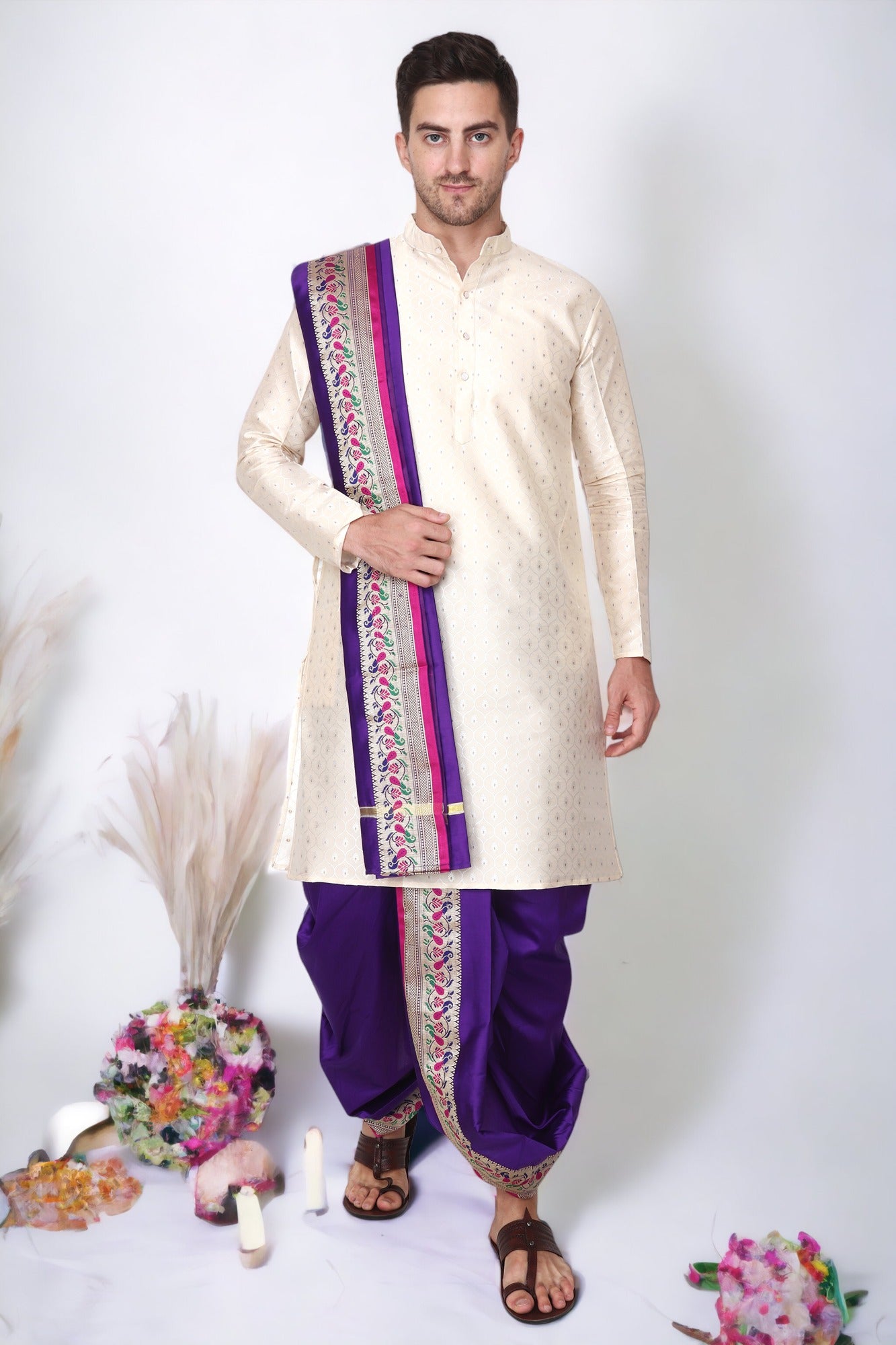 Dhoti Kurta Set for Men with Stole - Sherwani Style - Mens Wedding Dress