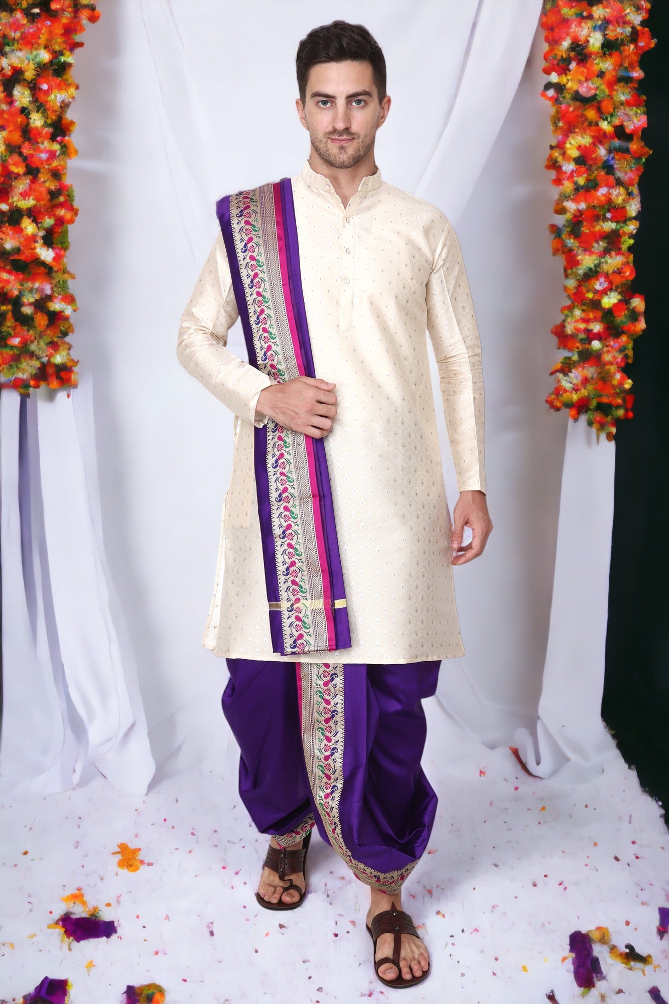 Dhoti Kurta Set for Men with Stole - Sherwani Style - Mens Wedding Dress