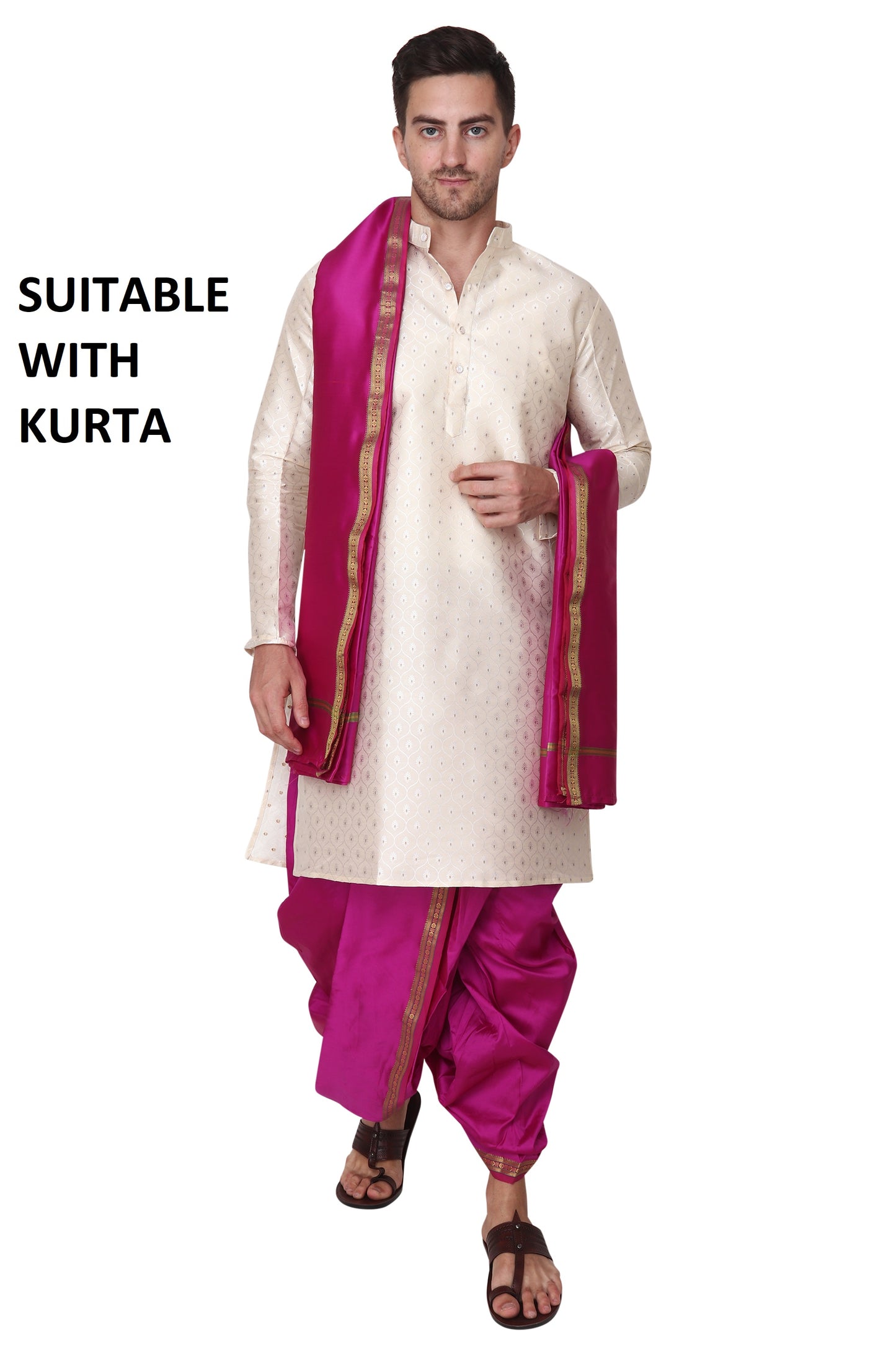 Mens Silk Dhoti with Stole - Readymade - Dhoti-Gamcha Suitable with Kurta for Pooja , Festival