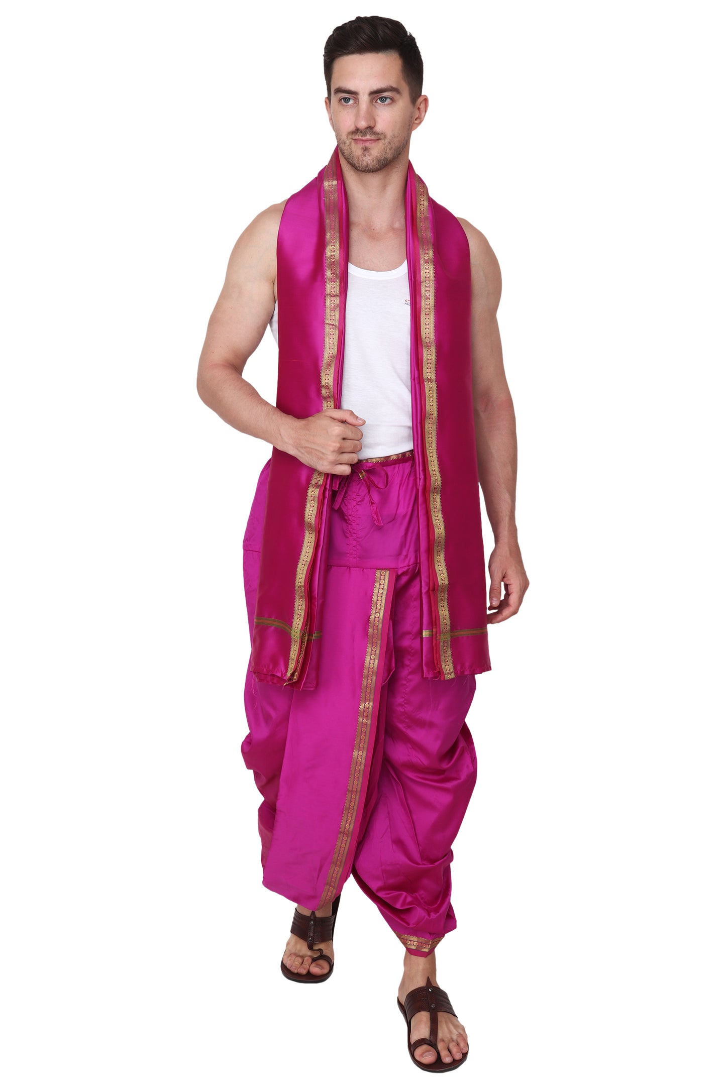 Mens Silk Dhoti with Stole - Readymade - Dhoti-Gamcha Suitable with Kurta for Pooja , Festival